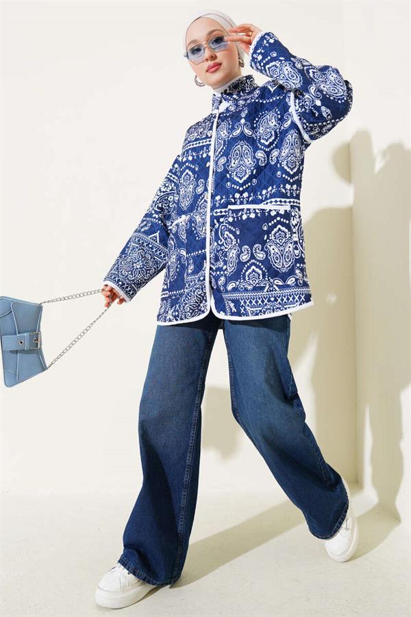 Patterned Snap-Front Quilted Jacket Navy Blue