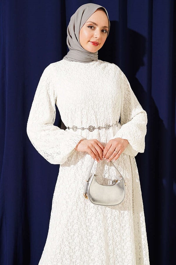 Patterned Lace Flared Dress White
