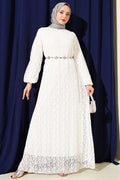 Patterned Lace Flared Dress White