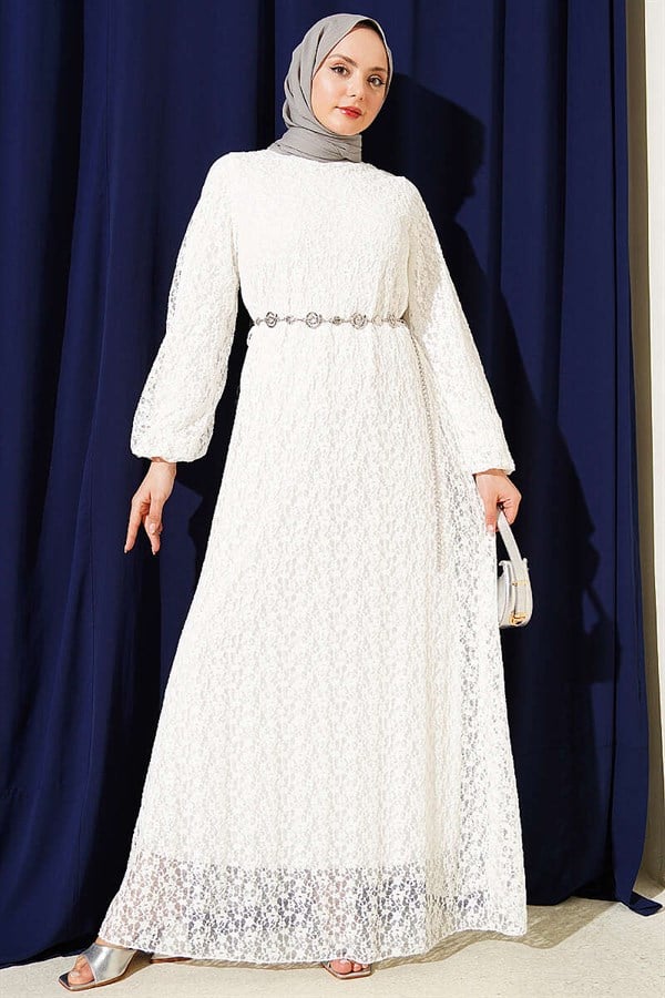 Patterned Lace Flared Dress White