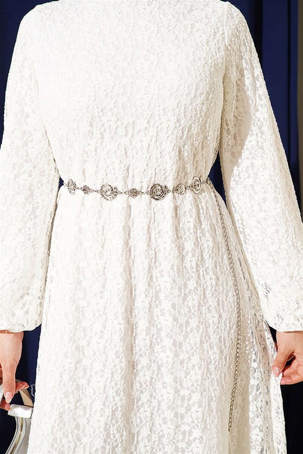 Patterned Lace Flared Dress White