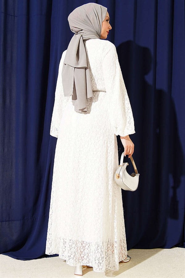 Patterned Lace Flared Dress White