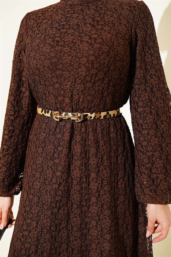 Patterned Lace Flared Dress, Brown