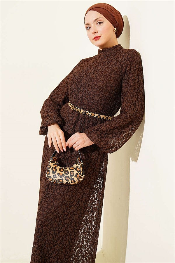 Patterned Lace Flared Dress, Brown