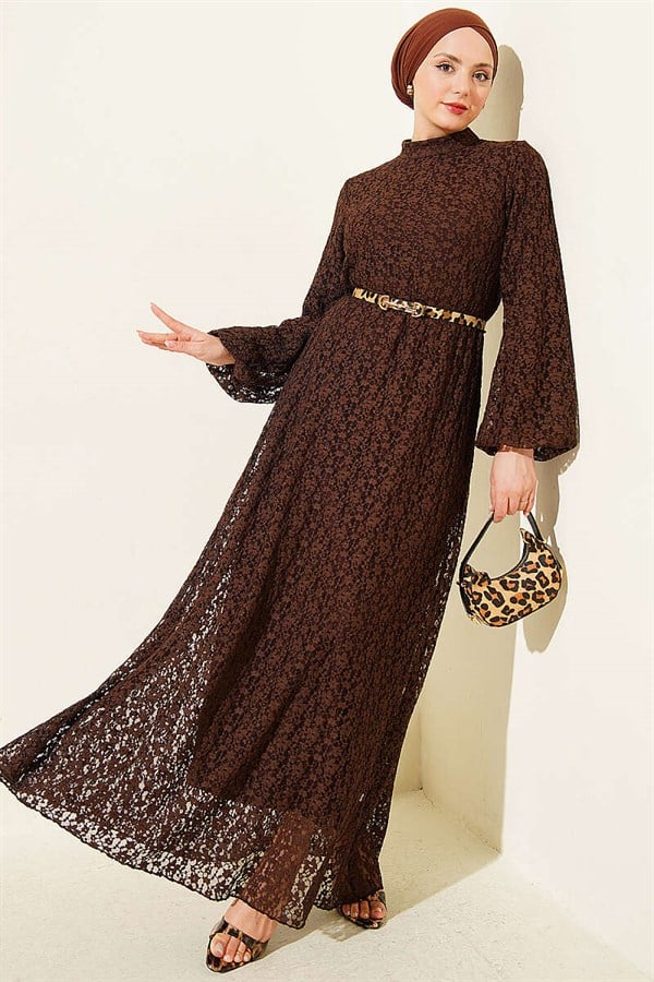 Patterned Lace Flared Dress, Brown