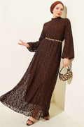 Patterned Lace Flared Dress, Brown
