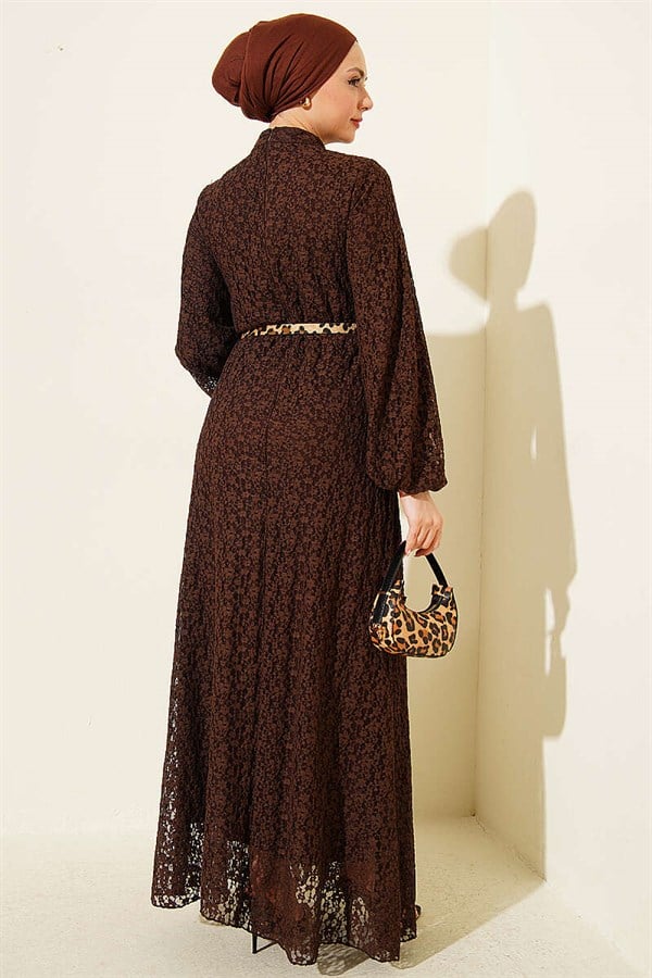 Patterned Lace Flared Dress, Brown