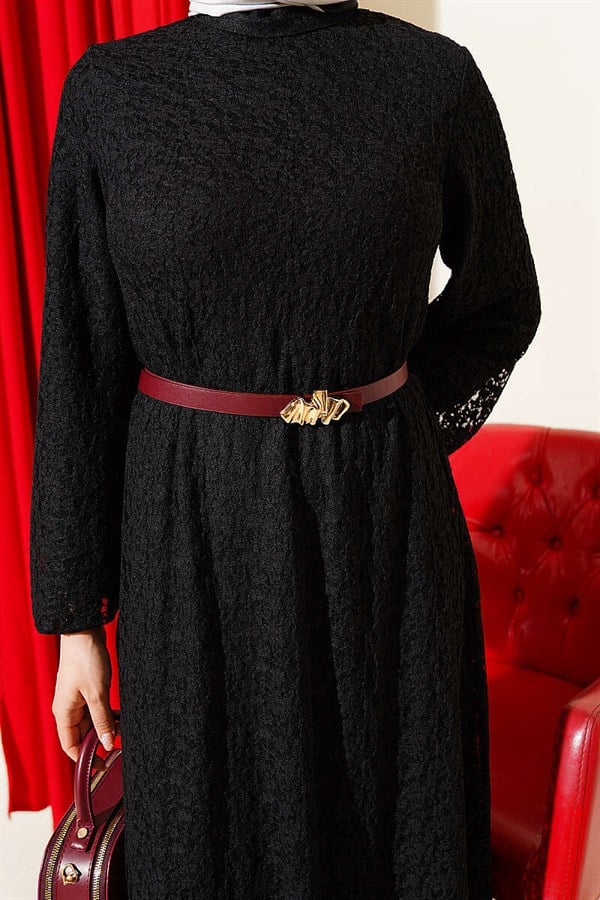 Patterned Lace Flared Dress Black