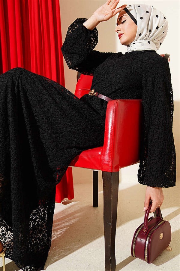 Patterned Lace Flared Dress Black