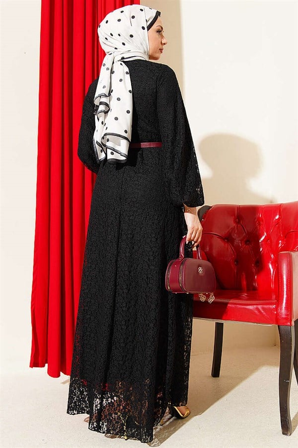 Patterned Lace Flared Dress Black