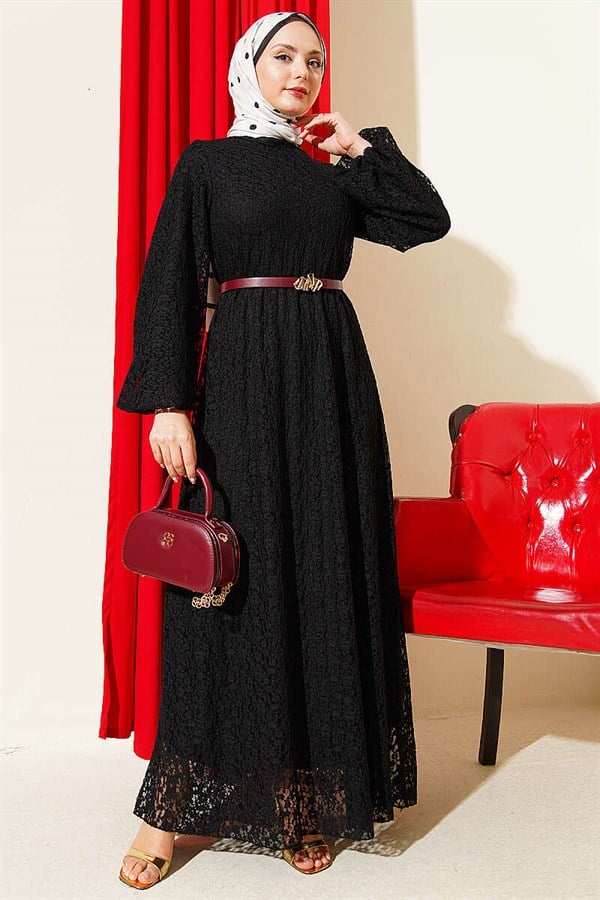 Patterned Lace Flared Dress Black