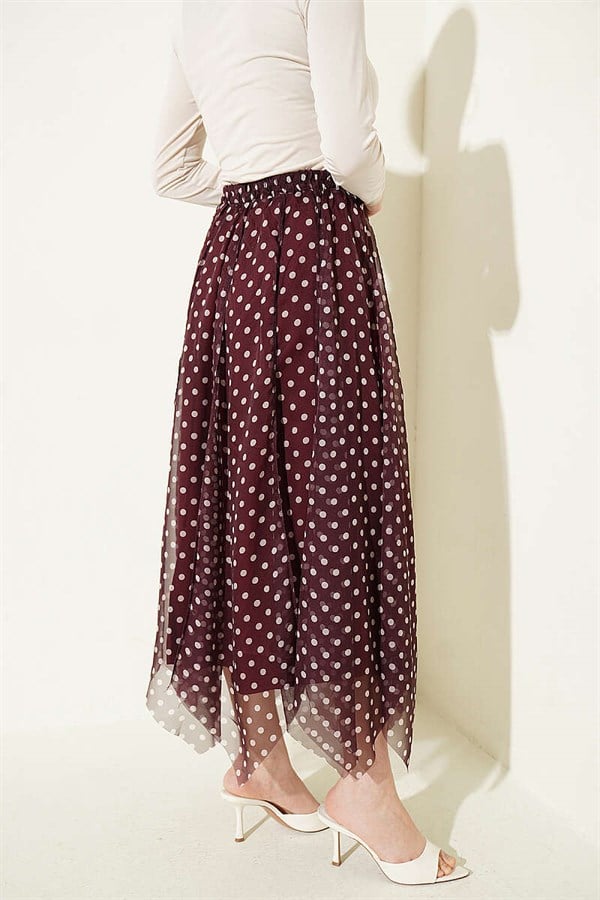 Patterned Stitched Asymmetrical Chiffon Skirt Burgundy