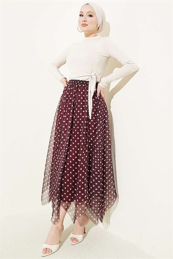 Patterned Stitched Asymmetrical Chiffon Skirt Burgundy