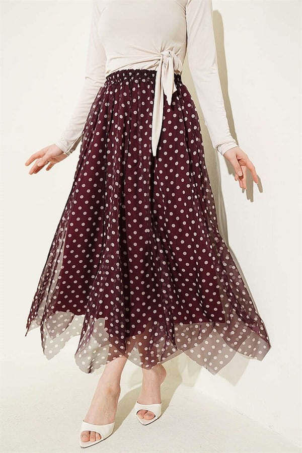 Patterned Stitched Asymmetrical Chiffon Skirt Burgundy