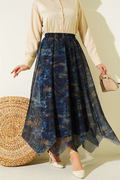 Patterned Asymmetrical Chiffon Skirt with Stitching, Navy Blue