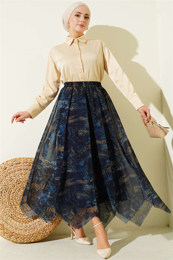 Patterned Asymmetrical Chiffon Skirt with Stitching, Navy Blue