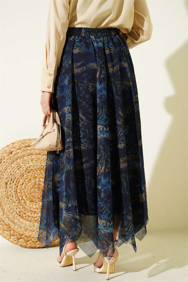 Patterned Asymmetrical Chiffon Skirt with Stitching, Navy Blue