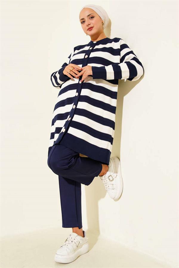Patterned Button Detailed Knit Cardigan Navy Blue