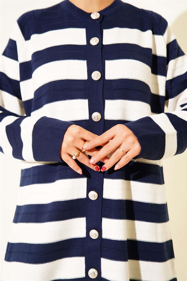 Patterned Button Detailed Knit Cardigan Navy Blue