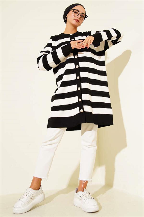 Patterned Button Detailed Knitwear Cardigan Black