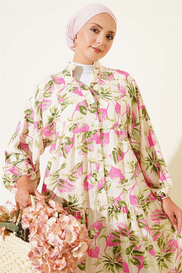 Patterned Buttoned Layered Dress with Elasticated Ankles, Fuchsia