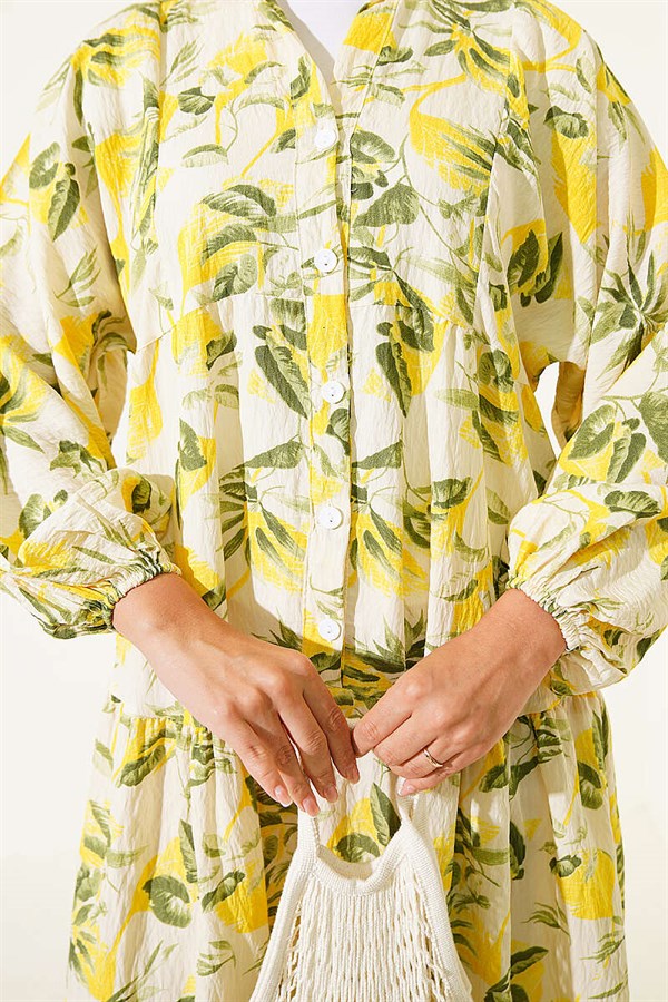 Patterned Buttoned Layered Dress with Elasticated Ankles, Yellow