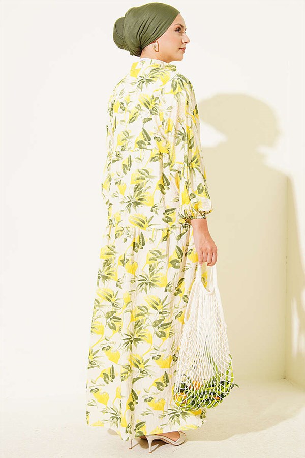 Patterned Buttoned Layered Dress with Elasticated Ankles, Yellow