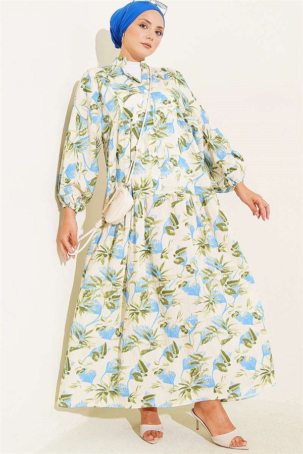 Patterned Buttoned Layered Dress with Elasticated Ankles, Blue