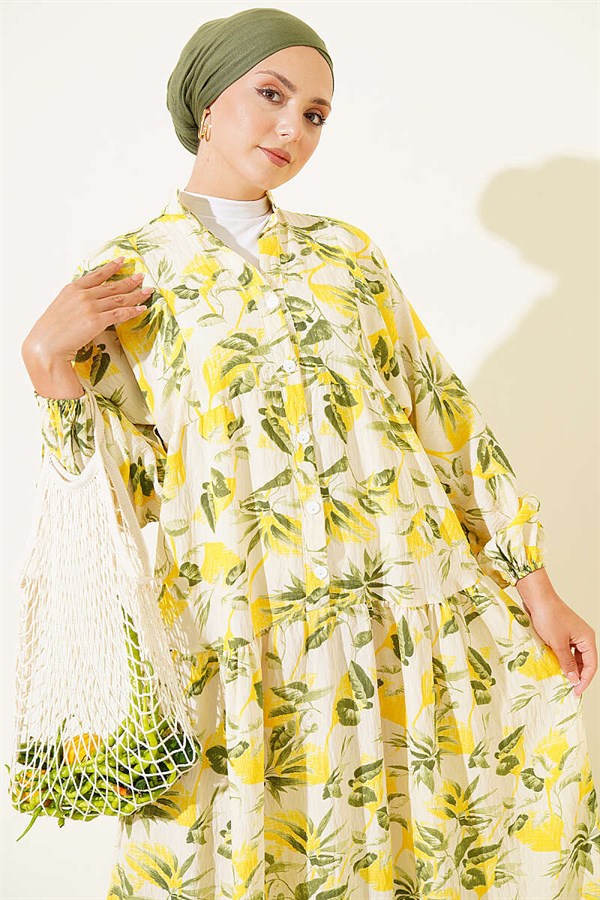 Patterned Buttoned Layered Dress with Elasticated Ankles, Yellow