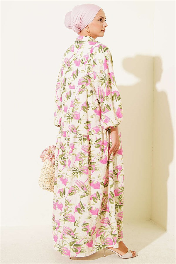Patterned Buttoned Layered Dress with Elasticated Ankles, Fuchsia