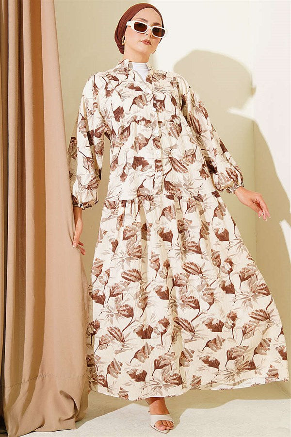 Patterned Buttoned Layered Dress with Elasticated Ankles, Brown