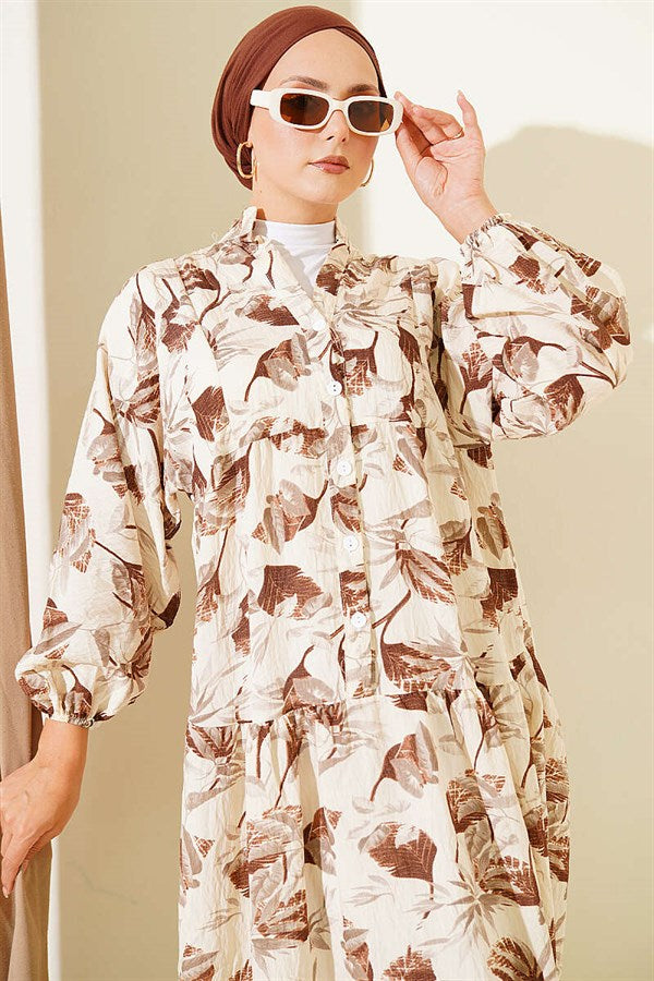 Patterned Buttoned Layered Dress with Elasticated Ankles, Brown