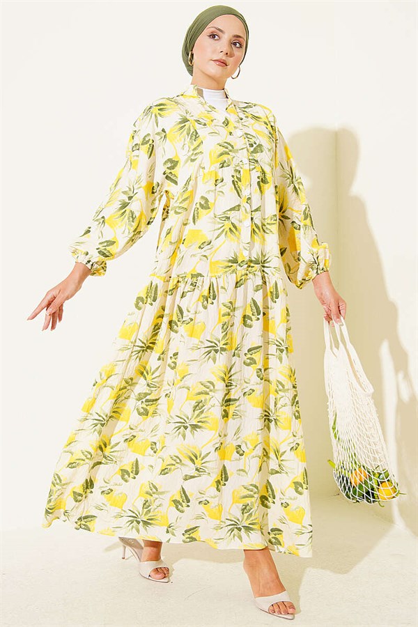Patterned Buttoned Layered Dress with Elasticated Ankles, Yellow