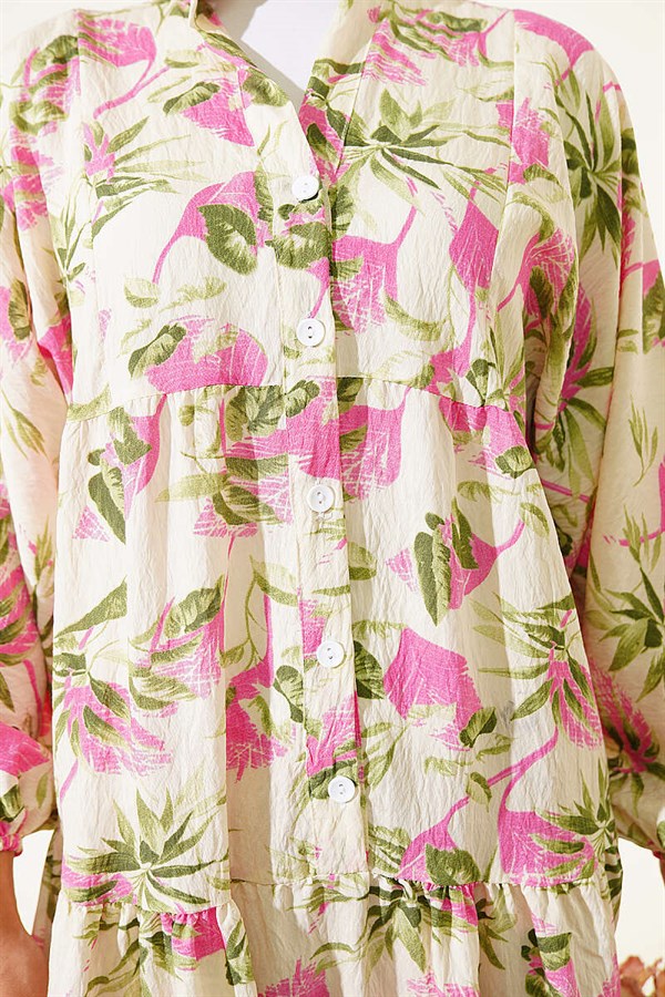 Patterned Buttoned Layered Dress with Elasticated Ankles, Fuchsia