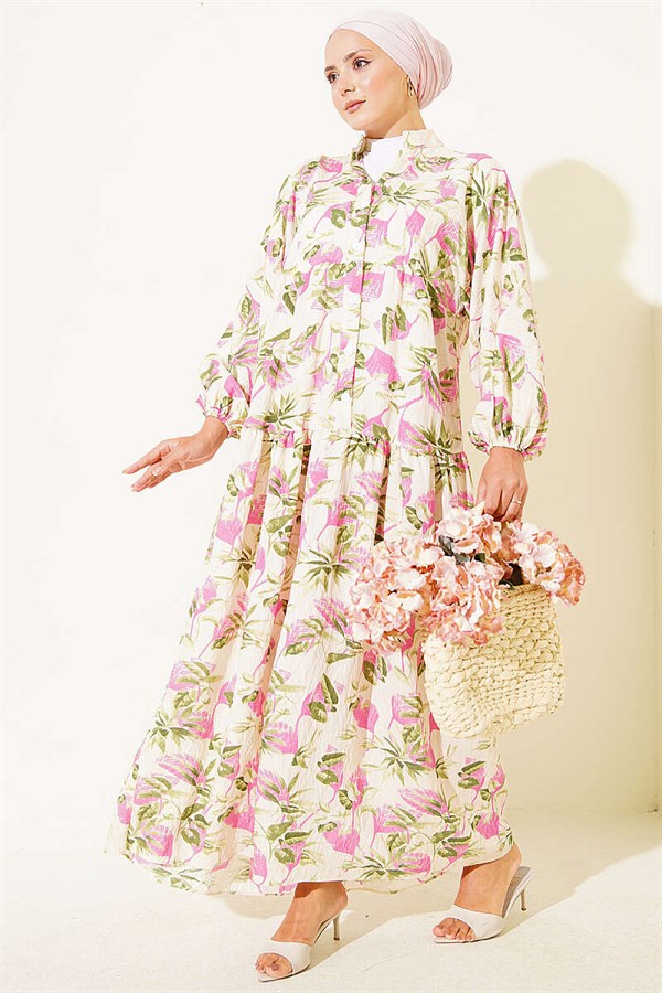 Patterned Buttoned Layered Dress with Elasticated Ankles, Fuchsia