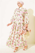 Patterned Buttoned Layered Dress with Elasticated Ankles, Fuchsia