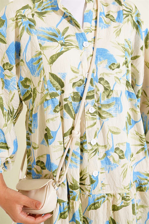 Patterned Buttoned Layered Dress with Elasticated Ankles, Blue