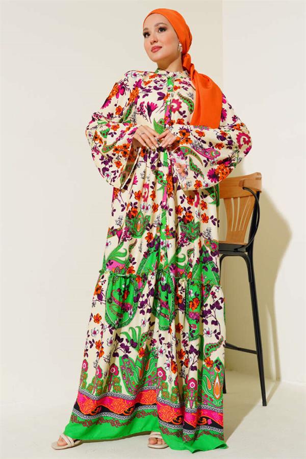 Patterned Buttoned Floor Dress Black Ecru Purple