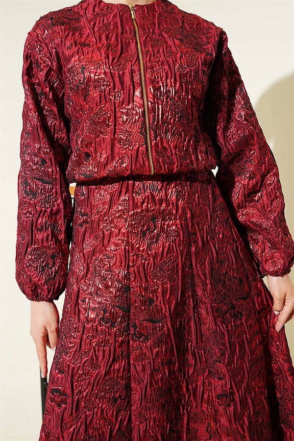 Patterned Zip-Up Jacquard Skirt 2 Piece Set in Burgundy