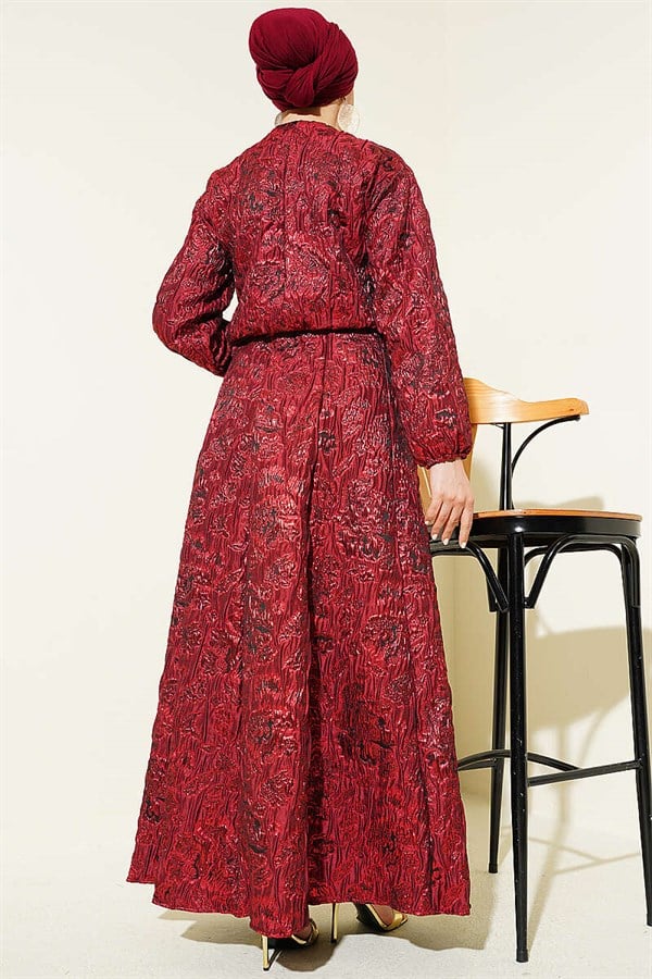 Patterned Zip-Up Jacquard Skirt 2 Piece Set in Burgundy