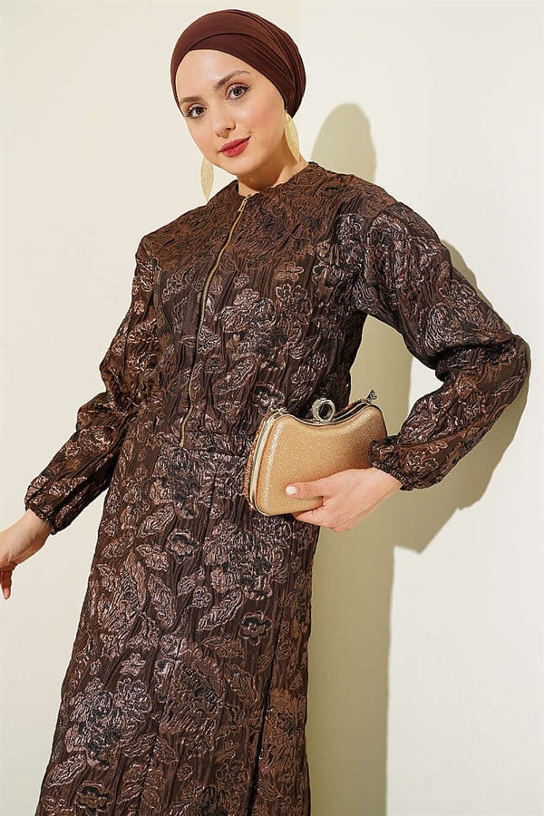 Patterned Zippered Jacquard Skirt 2 Piece Set in Coffee Brown