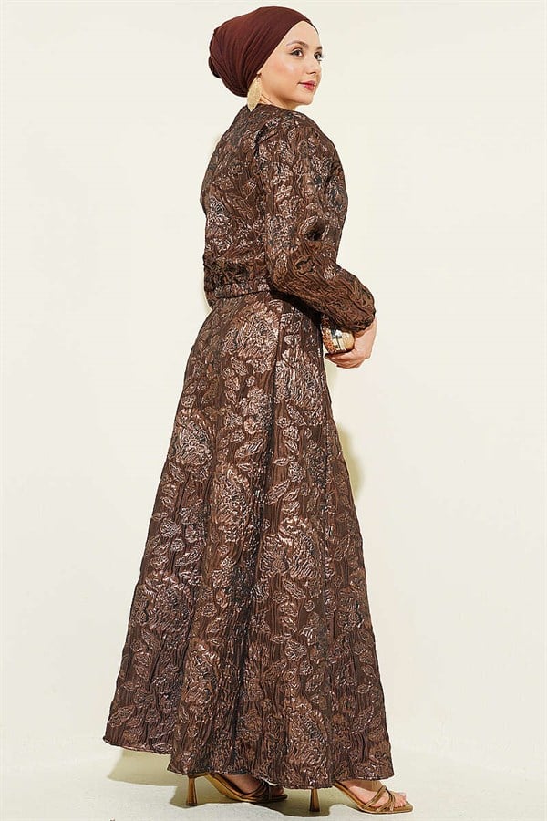 Patterned Zippered Jacquard Skirt 2 Piece Set in Coffee Brown