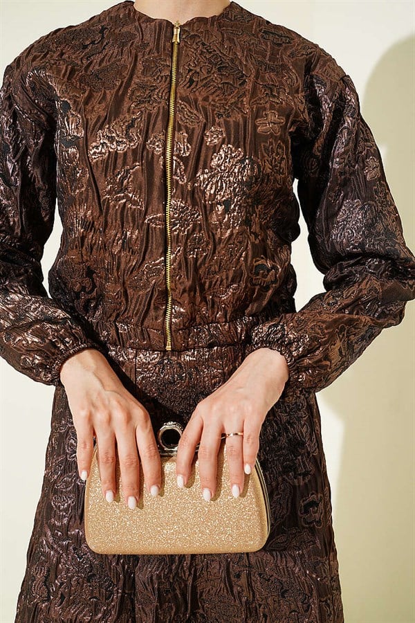 Patterned Zippered Jacquard Skirt 2 Piece Set in Coffee Brown