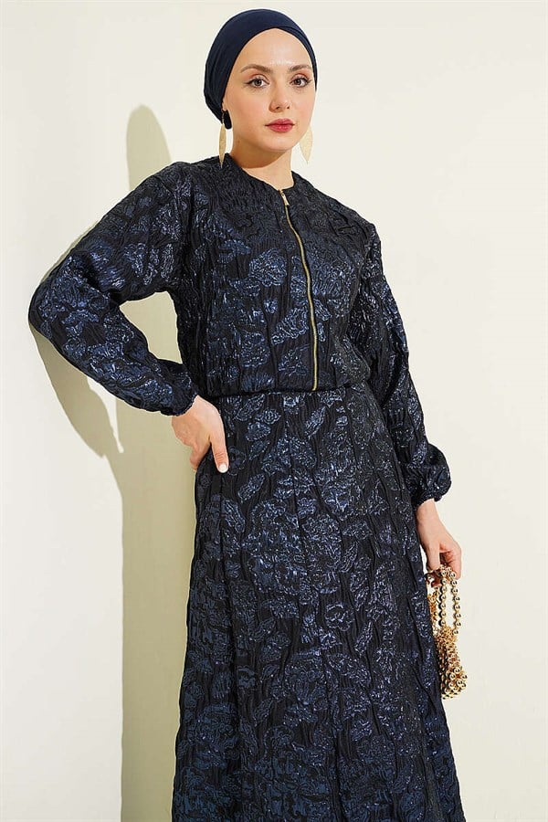Patterned Zippered Jacquard Skirt 2 Piece Set Navy Blue
