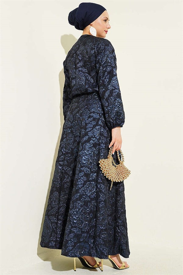 Patterned Zippered Jacquard Skirt 2 Piece Set Navy Blue