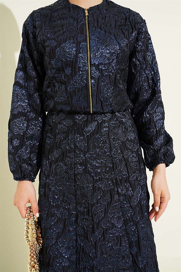 Patterned Zippered Jacquard Skirt 2 Piece Set Navy Blue