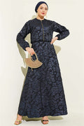 Patterned Zippered Jacquard Skirt 2 Piece Set Navy Blue
