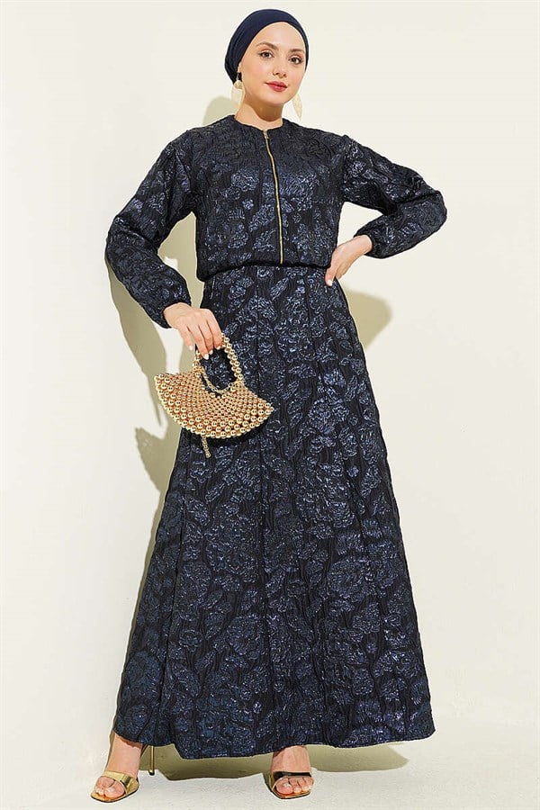 Patterned Zippered Jacquard Skirt 2 Piece Set Navy Blue