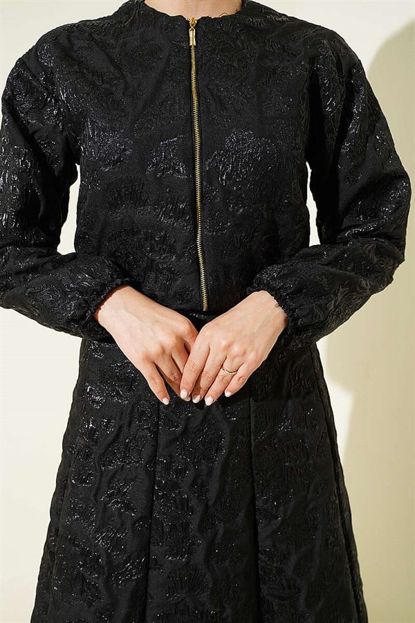 Patterned Zippered Jacquard Skirt 2 Piece Set, Black