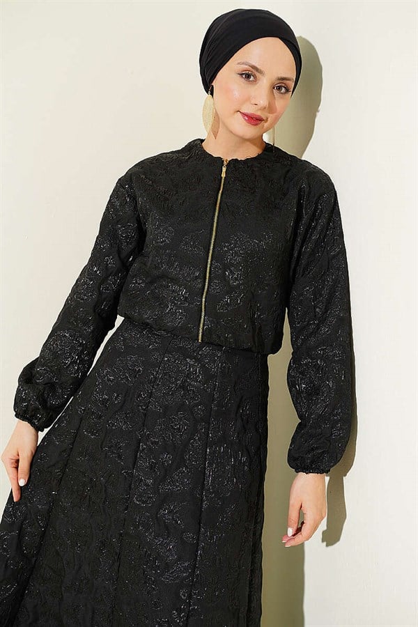 Patterned Zippered Jacquard Skirt 2 Piece Set, Black